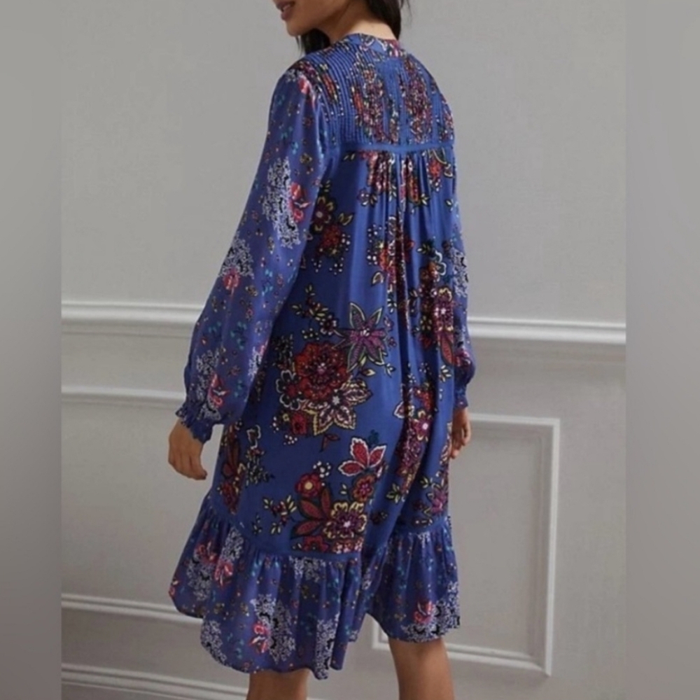 Anthro Diana Pintuck Floral   Mixed Prints V Neck Ruffle Peasant Dress Blue MED